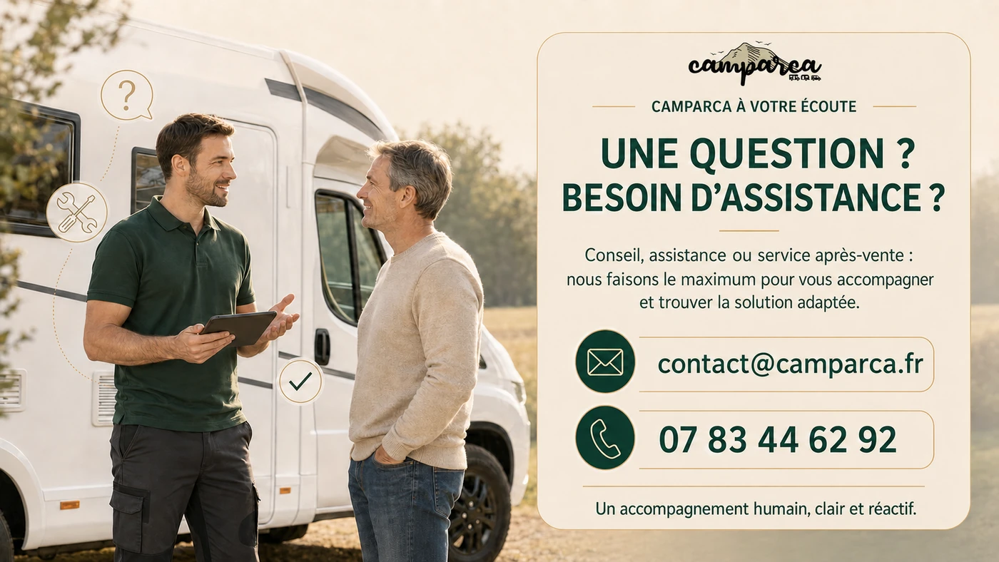 Deux hommes échangent devant un camping-car, à côté du panneau d’assistance CampArca