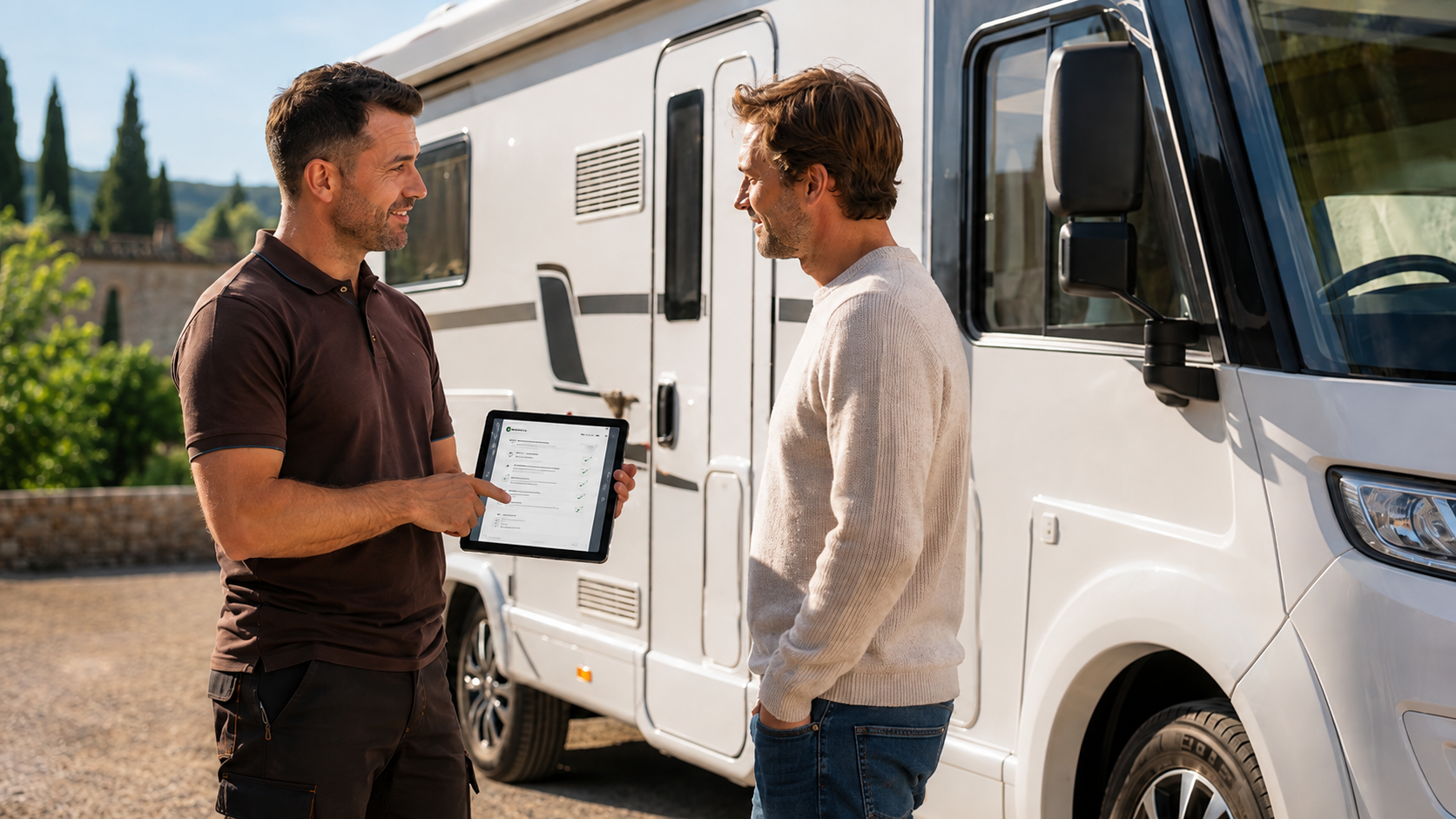 Technicien présentant au client les contrôles et conseils après une intervention sur un camping-car