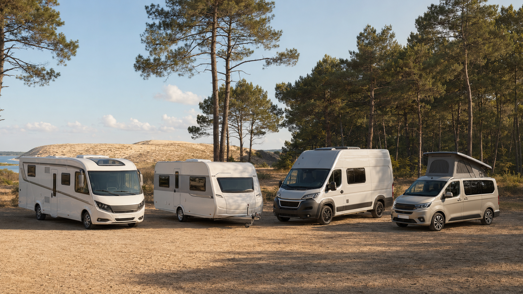 Camping-car, caravane, fourgon aménagé et van réunis dans un environnement naturel